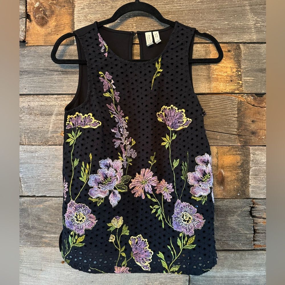 Anthropologie Meadow Rue Embroidered Eyelet Black Tank XS